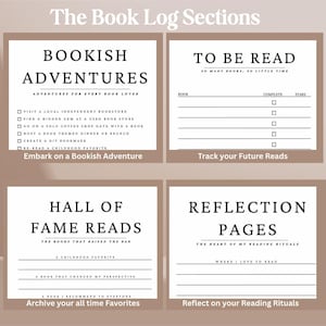 May include: A four-part printable book log template with a tan border and white background. Sections include Bookish Adventures, To Be Read, Hall of Fame Reads, and Reflection Pages, featuring checklists, lines for notes, and reading-related text.