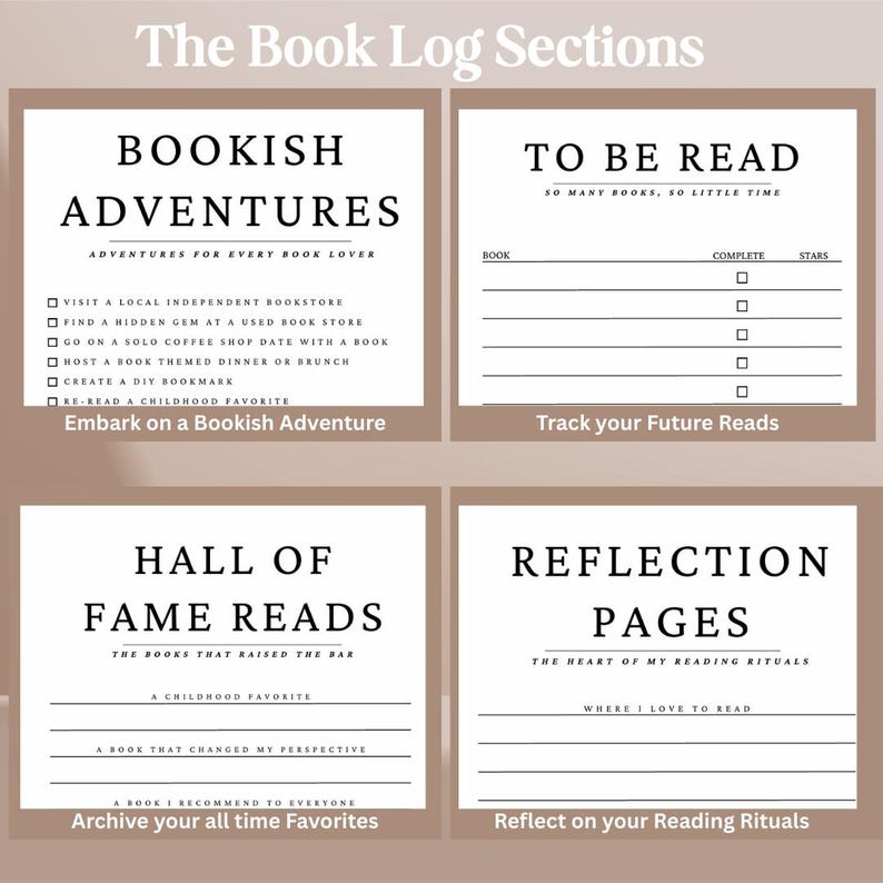May include: A four-part printable book log template with a tan border and white background. Sections include Bookish Adventures, To Be Read, Hall of Fame Reads, and Reflection Pages, featuring checklists, lines for notes, and reading-related text.