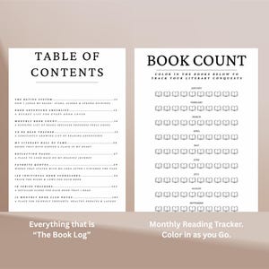 May include: A two-page book log layout featuring a Table of Contents on the left and a Book Count tracker on the right. The Table of Contents lists sections like Rating System and Favorites Quotes. The Book Count page displays rows of book icons.