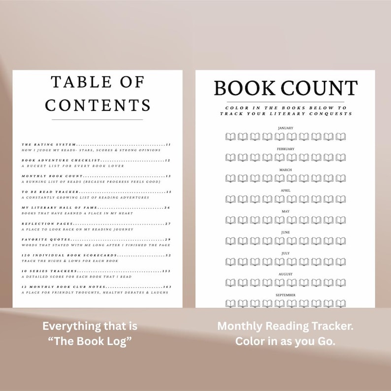 May include: A two-page book log layout featuring a Table of Contents on the left and a Book Count tracker on the right. The Table of Contents lists sections like Rating System and Favorites Quotes. The Book Count page displays rows of book icons.
