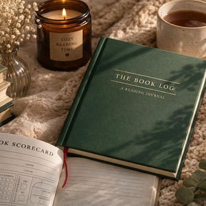 May include: A dark green hardcover book titled THE BOOK LOG A READING JOURNAL with gold lettering. The book is closed, featuring a red ribbon bookmark. An open book with a BOOK SCORECARD page is visible, alongside a candle and a mug.