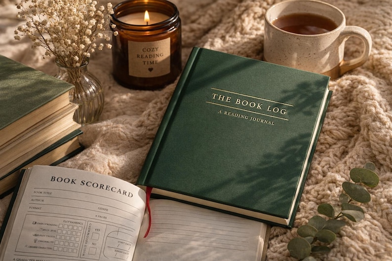 May include: A dark green hardcover book titled THE BOOK LOG A READING JOURNAL with gold lettering. The book is closed, featuring a red ribbon bookmark. An open book with a BOOK SCORECARD page is visible, alongside a candle and a mug.