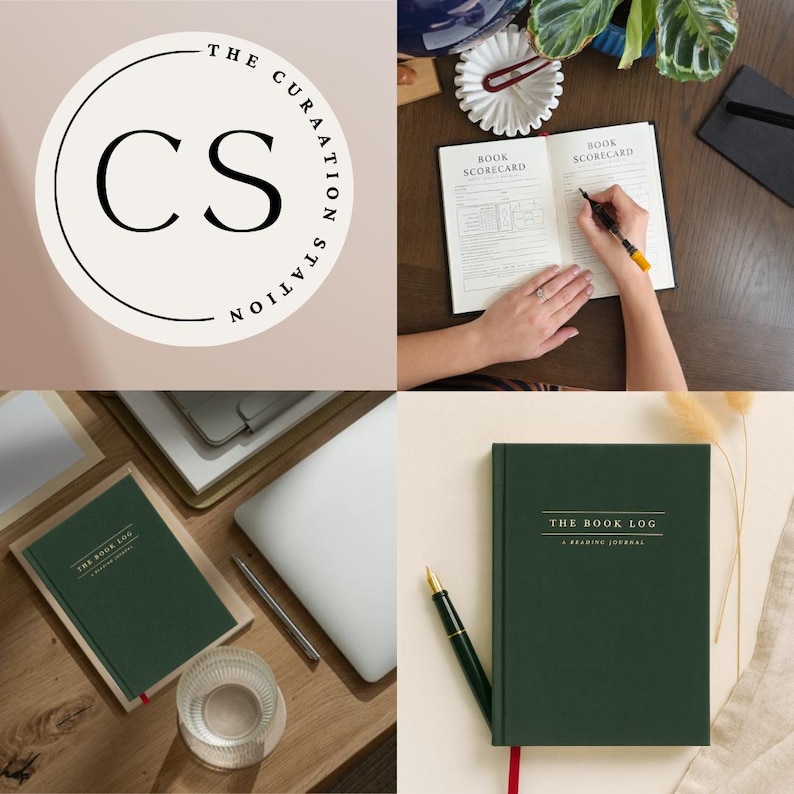 May include: A dark green hardcover reading journal titled The Book Log with gold lettering, featuring a ribbon bookmark and a matching fountain pen. The journal includes interior pages with a Book Scorecard layout for tracking reading progress.