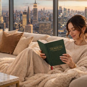 May include: A dark green hardcover book titled THE BOOK LOG A READING JOURNAL with gold lettering on the front cover. The book is held open, revealing a solid green cover with a red ribbon bookmark extending from the bottom edge of the spine.