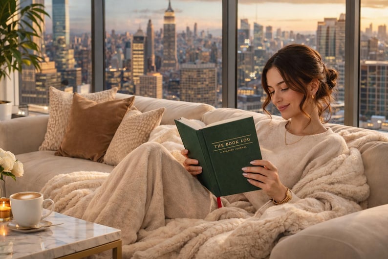 May include: A dark green hardcover book titled THE BOOK LOG A READING JOURNAL with gold lettering on the front cover. The book is held open, revealing a solid green cover with a red ribbon bookmark extending from the bottom edge of the spine.