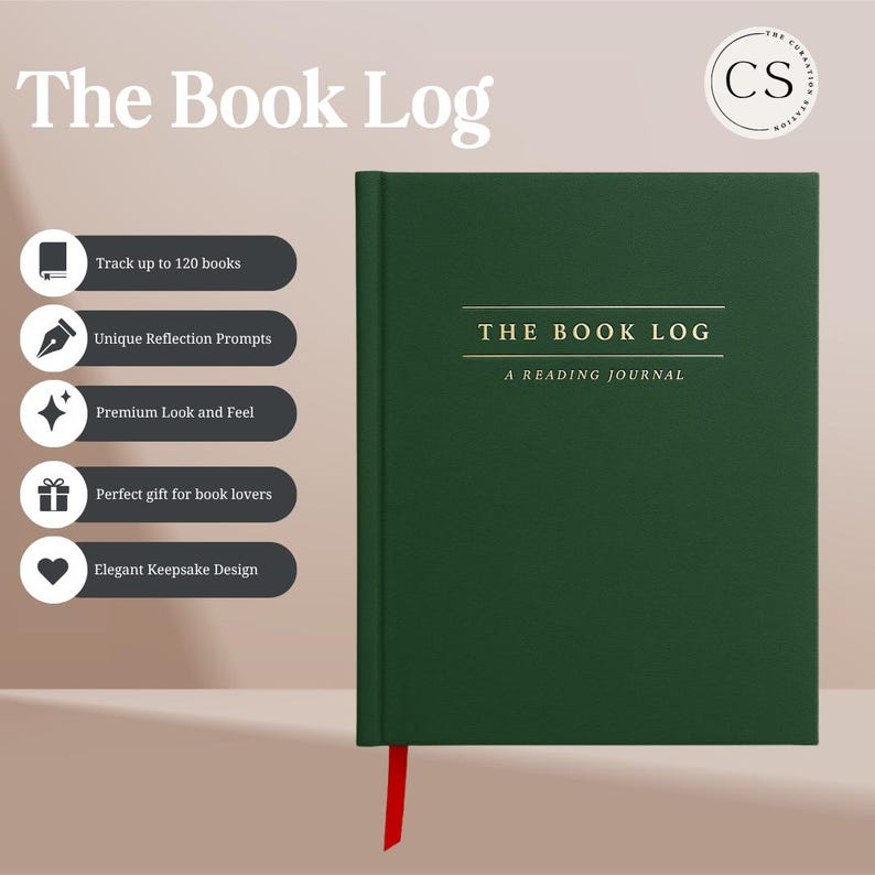 May include: A dark green hardcover reading journal titled The Book Log with gold lettering on the front cover. The journal features a red ribbon bookmark and is accompanied by a list of features including tracking up to 120 books and reflection prompts.
