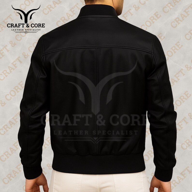 Back view of a Black Nappa leather bomber jacket for men featuring ribbed collar and cuffs, crafted from 100% genuine leather. Ideal for motorcycling, outdoor activities, and casual wear. png