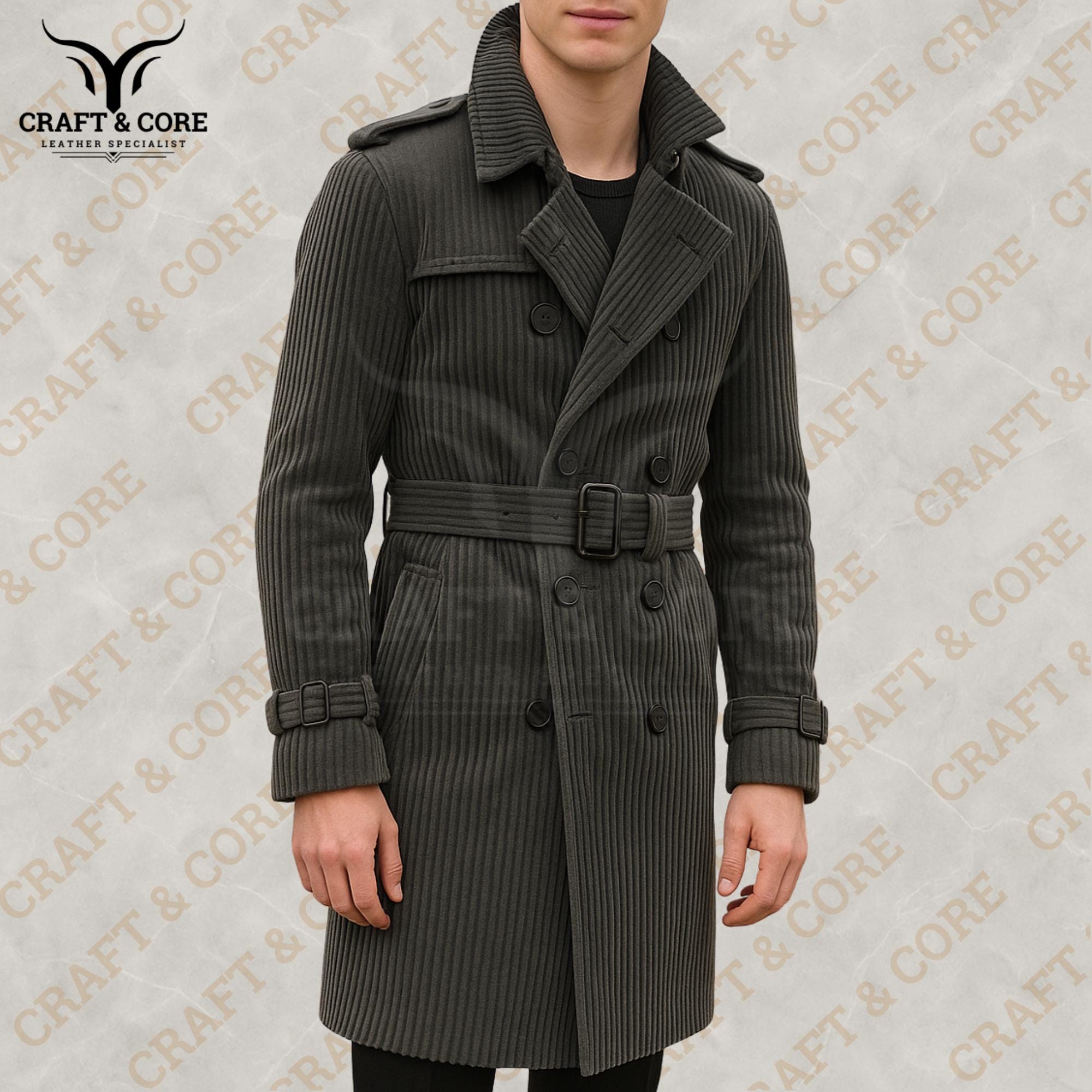 Men's Green Belted Corduroy Coat | Classic Lapel Collar Jacket