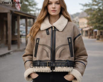 Short Double Faced Suede Jacket for Women | Real Suede Leather Shearling Jacket | Belted Cropped Winter Jacket
