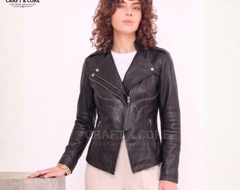 Women's Genuine Sheepskin Leather Biker Jacket – Black Moto Style Slim Fit