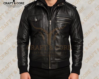 Men Black Sheepskin Leather Jacket | Hooded Real Biker Outerwear For Women
