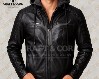 Men's Black Genuine Leather Biker Jacket | Removable Hood, Quilted Sleeves