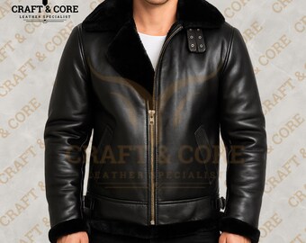 Men Black Shearling Jacket | B3 Bomber Aviator Coat | Sheepskin Real Bomber Style For Women