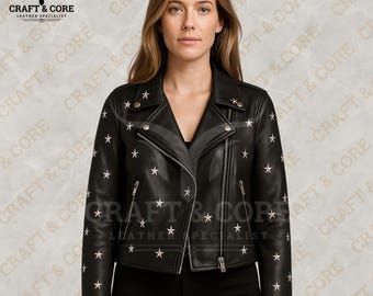 Black Star Leather Jacket For Women | Real Sheepskin Biker For Men | Brando Style Punk