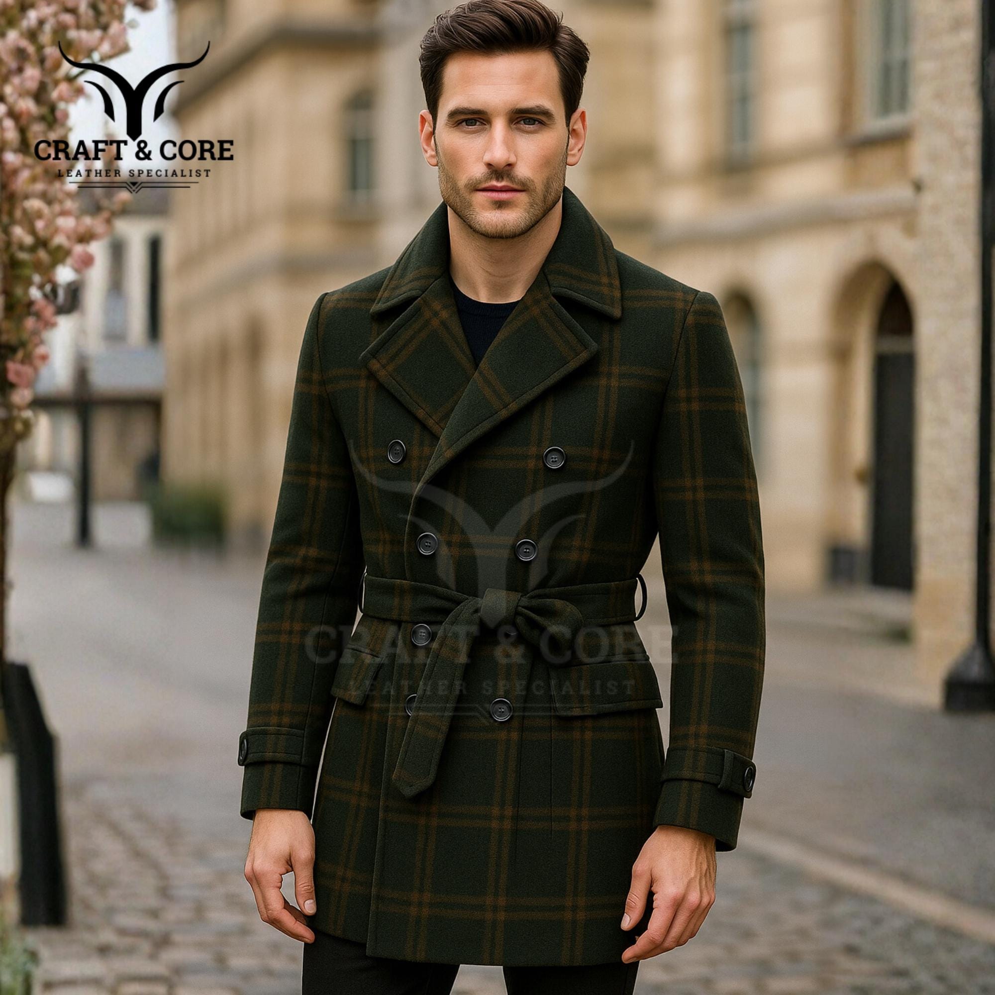 Women Handmade Dark Green Plaid Wool Trench Coat | Double-breasted