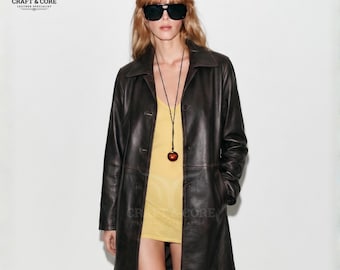 Women’s Real Sheepskin Leather Coat | Premium Handmade Black Leather Long Coat | Classic Winter Jacket