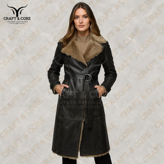 Women Brown & Black Shearling Leather Coat | Genuine Sheepskin
