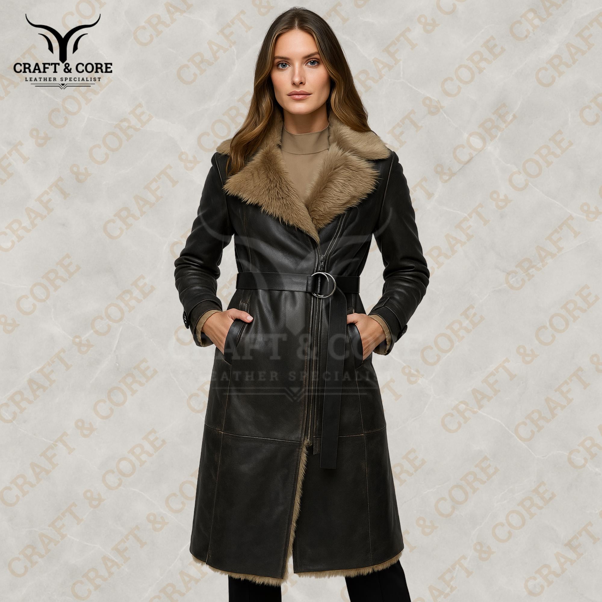 GENUINE LAMB SKIN biGL レザーコート Women Brown & Black Shearling Leather Coat | Genuine Sheepskin