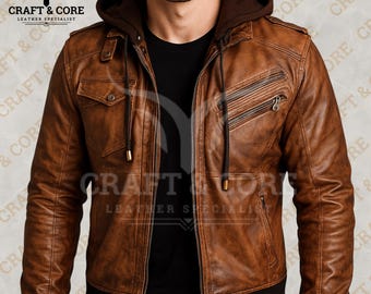 Men Brown Leather Jacket | Real Coat For Women | Classic Bomber Style with Removable Hood