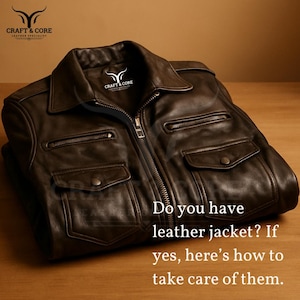 May include: A dark brown leather jacket with a zipper closure, two chest pockets, and two side pockets. The jacket has a classic design and is folded on a wooden surface. Text on the image reads: "Do you have leather jacket? If yes, here's how to take care of them."