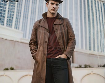 Trench-coat vintage en cuir marron pour homme et femme | Manteau long en cuir véritable fait main