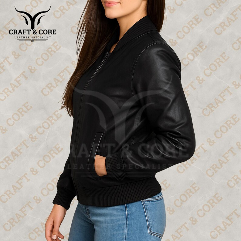 Side view of a Black Nappa leather bomber jacket for women featuring ribbed collar and cuffs, crafted from 100% genuine leather. Ideal for motorcycling, outdoor activities, and casual wear. png