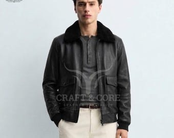 Men’s Real Leather Fur Collar Jacket – Premium Black Bomber Leather Jacket, Handmade Winter Coat