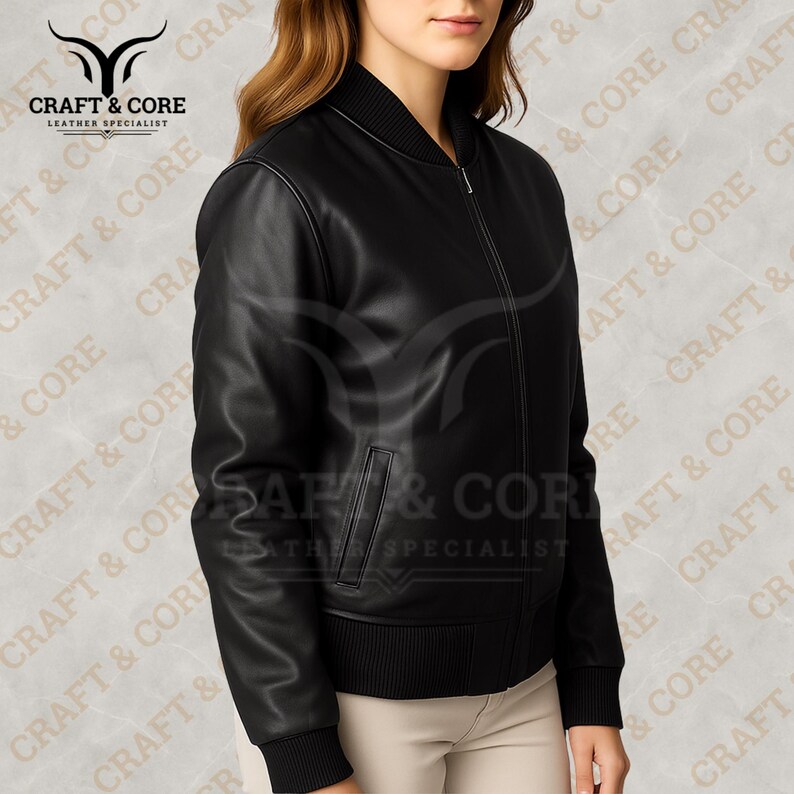 Side view of a Black Nappa leather bomber jacket for women featuring ribbed collar and cuffs, crafted from 100% genuine leather. Ideal for motorcycling, outdoor activities, and casual wear. png