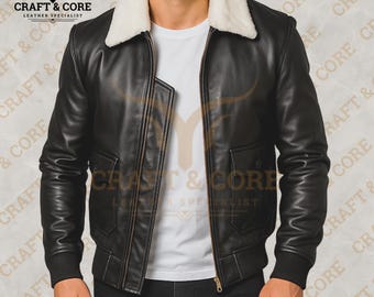 Black & White Leather Bomber Jacket | Real Sheepskin Shearling Collar For Women