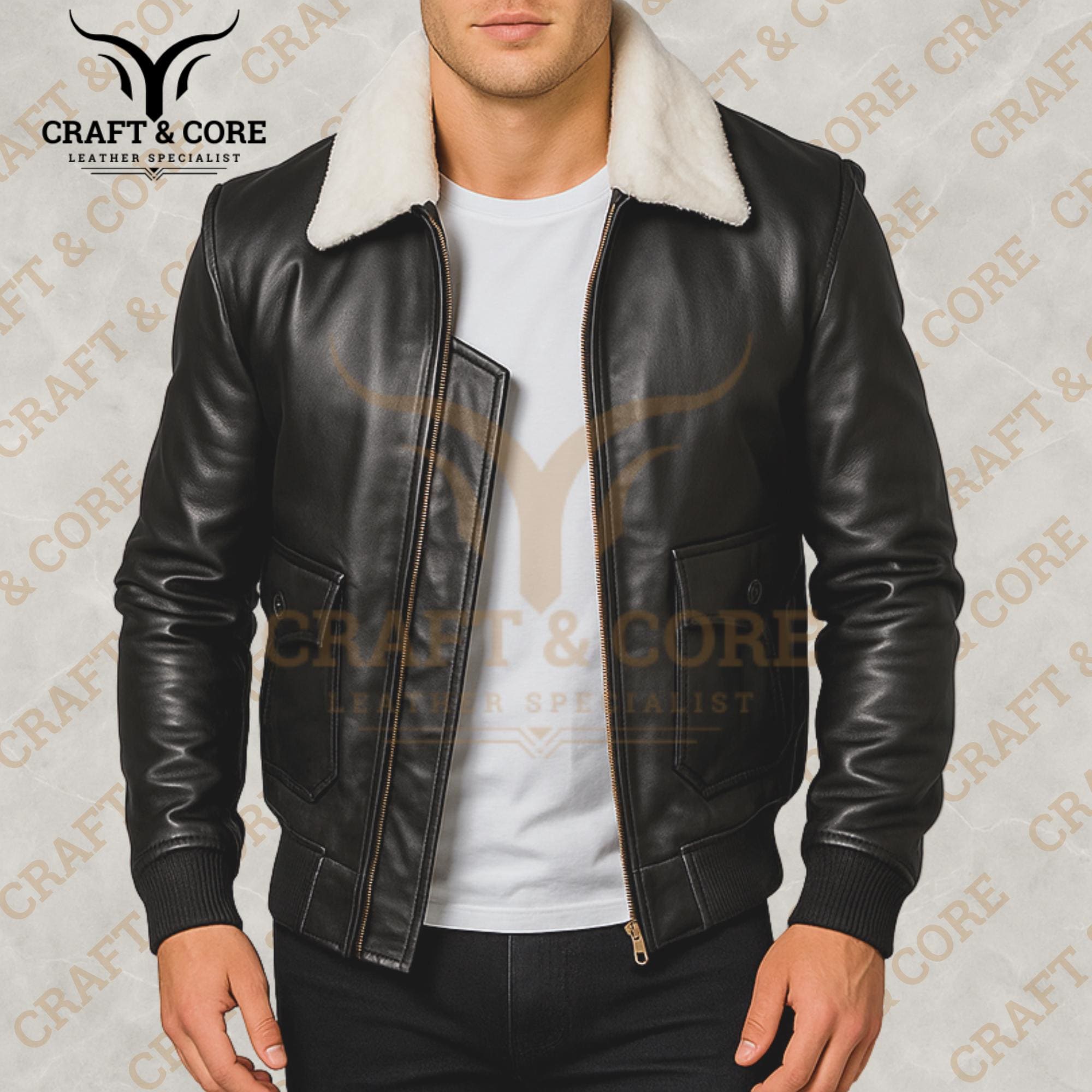 Black & White Leather Bomber Jacket | Real Sheepskin Shearling