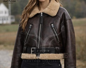 Short Double-Faced Suede Leather Jacket for Women | Shearling Trim Aviator Jacket | Handmade Winter Biker Coat