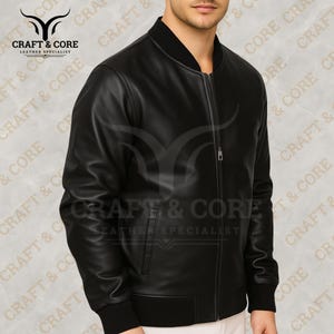 Side view of a Black Nappa leather bomber jacket for men featuring ribbed collar and cuffs, crafted from 100% genuine leather. Ideal for motorcycling, outdoor activities, and casual wear. png