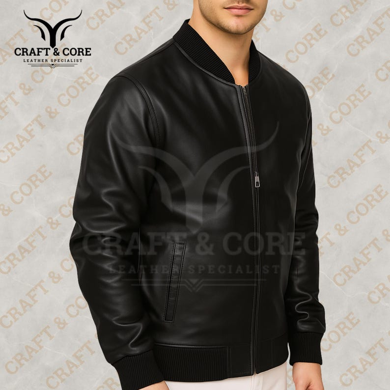 Side view of a Black Nappa leather bomber jacket for men featuring ribbed collar and cuffs, crafted from 100% genuine leather. Ideal for motorcycling, outdoor activities, and casual wear. png