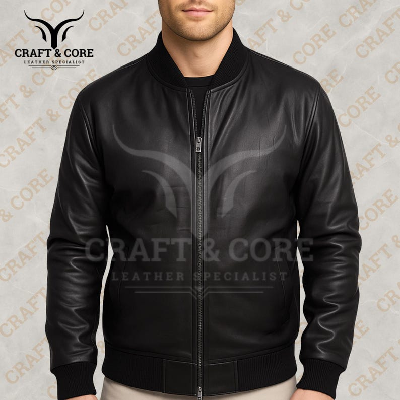 Black Nappa leather bomber jacket for men with ribbed collar, cuffs, durable zippers, and internal pockets. Made from 100% genuine leather, perfect for motorcycling, outdoor adventures, and casual wear. png