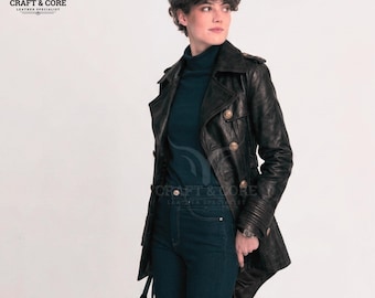 Women’s Real Leather Blazer – Premium Sheepskin Leather Jacket, Double Breasted Long Coat, Black, Brown, Navy & Maroon