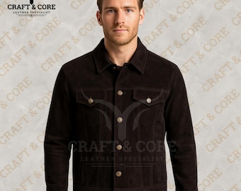 Men’s Suede Trucker Jacket | Handmade Real Leather | Dark Brown Outerwear for Women