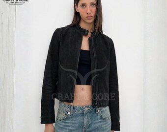Women’s Real Suede Leather Jacket – Black Minimalist Moto Jacket, Premium Soft Leather Coat