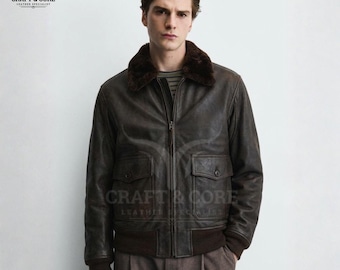 Men Real Sheep Leather Jacket Brown & Black | Premium Leather Bomber Jacket | Shearling Collar Jacket | Classic Aviator Style Men Jacket
