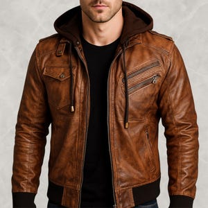 Brown Leather Jacket | 100% Real Leather Jacket | Mens Leather Jacket, Moto Jacket, Classic Bomber Style Motorcycle Coat with Removable Hood