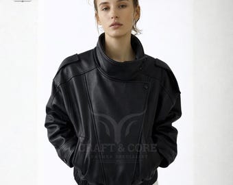 Oversized Black Real Leather Jacket | High Neck Wrap Collar, Minimalist Style