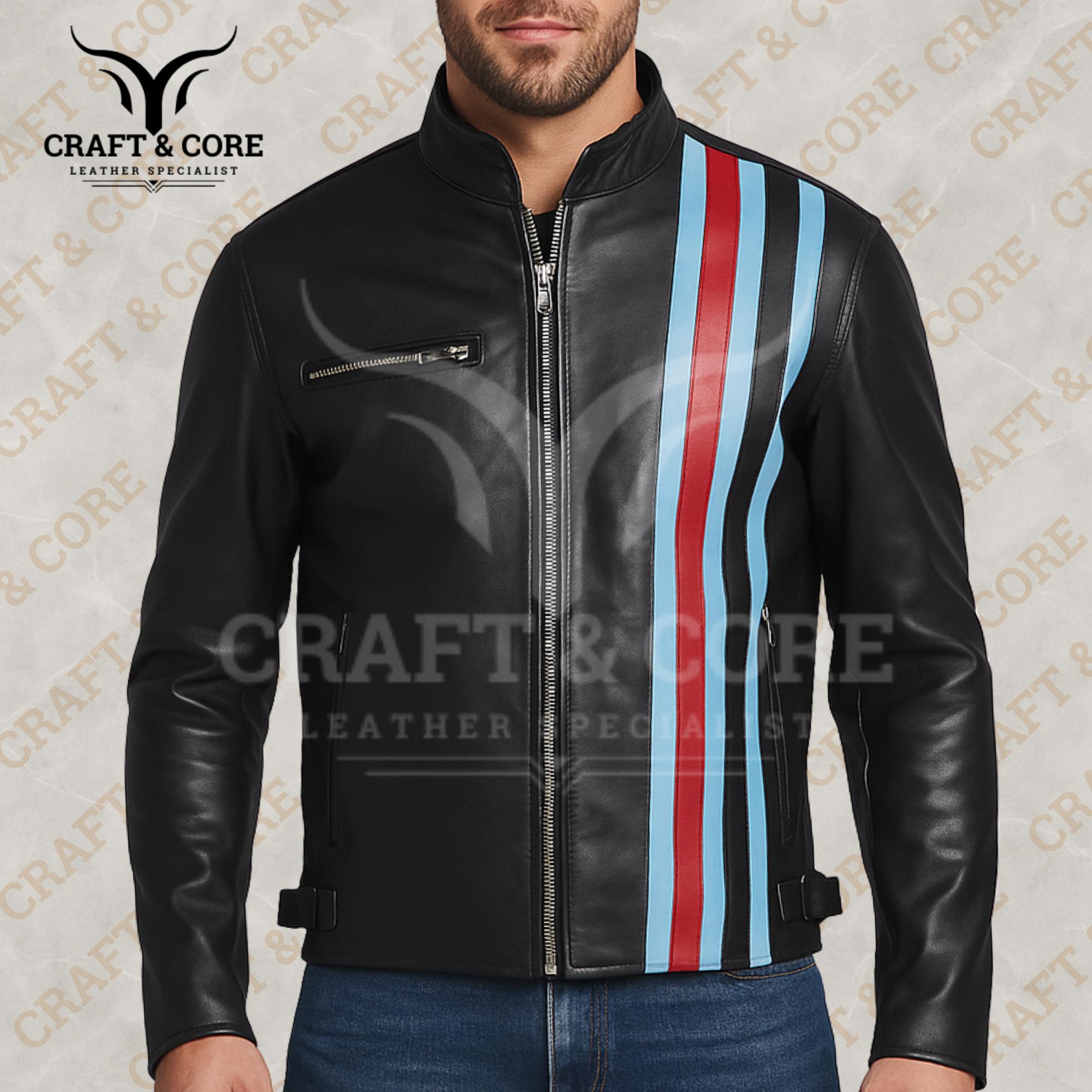 Men Black Leather Jacket | Moto Striped Racing Biker Cafe Racer