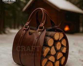 Leather Firewood Carrier Tote | Log Holder Bag | Handmade Wood Hauler