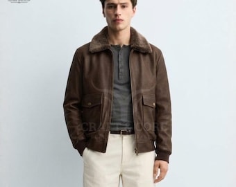 Men's Real Suede Leather Bomber Jacket – Handmade Fur Collar Winter Coat