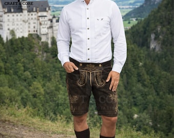 Men’s Traditional Lederhosen Shorts – Goat Suede Leather Bavarian Style Oktoberfest Outfit with Embroidery