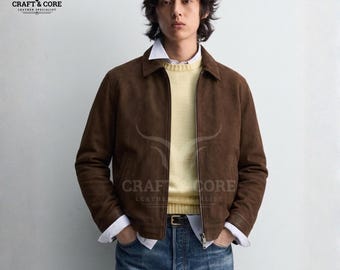Men Suede Leather Jacket Brown & Black | Real Suede Jacket Men | Minimalist Leather Jacket | Casual Zip Up Jacket | Classic Men Outerwear