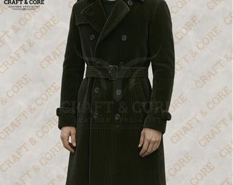 Men's Green Belted Corduroy Coat | Classic Lapel Collar Jacket | Vintage Style Trench Coat
