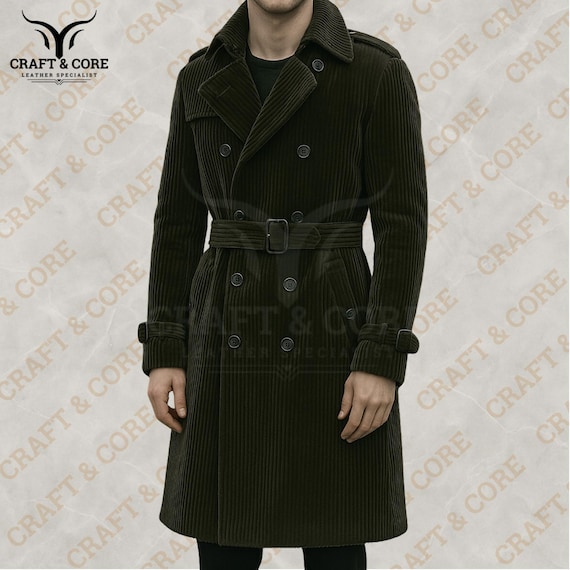 K*C様 Santaku belted corduroy coat Men's Green Belted Corduroy Coat | Classic Lapel Collar Jacket