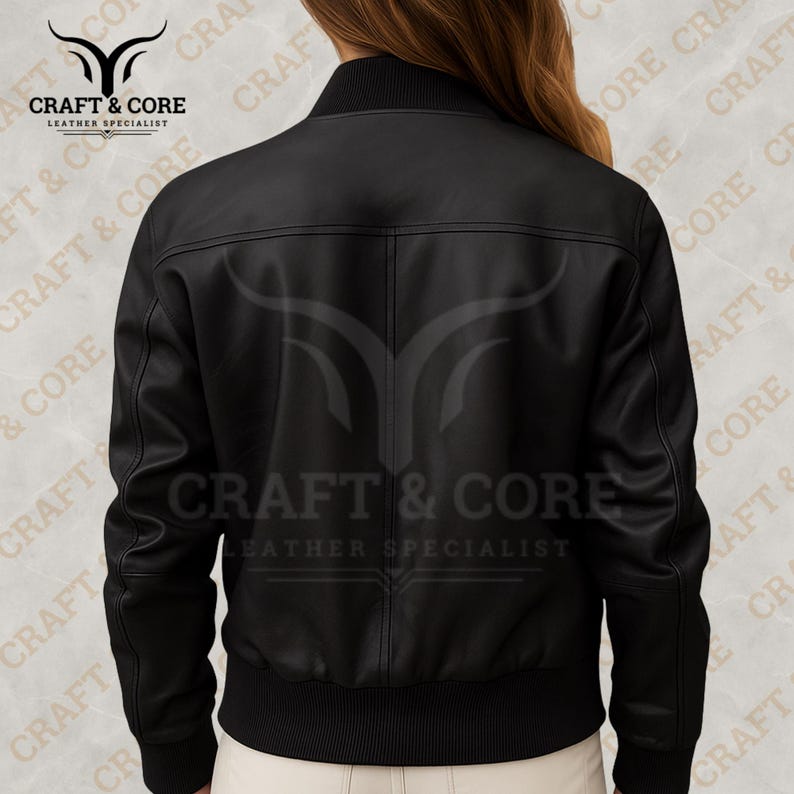 Back view of a Black Nappa leather bomber jacket for women featuring ribbed collar and cuffs, crafted from 100% genuine leather. Ideal for motorcycling, outdoor activities, and casual wear. png