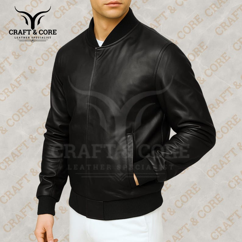 Side view of a Black Nappa leather bomber jacket for men featuring ribbed collar and cuffs, crafted from 100% genuine leather. Ideal for motorcycling, outdoor activities, and casual wear. png