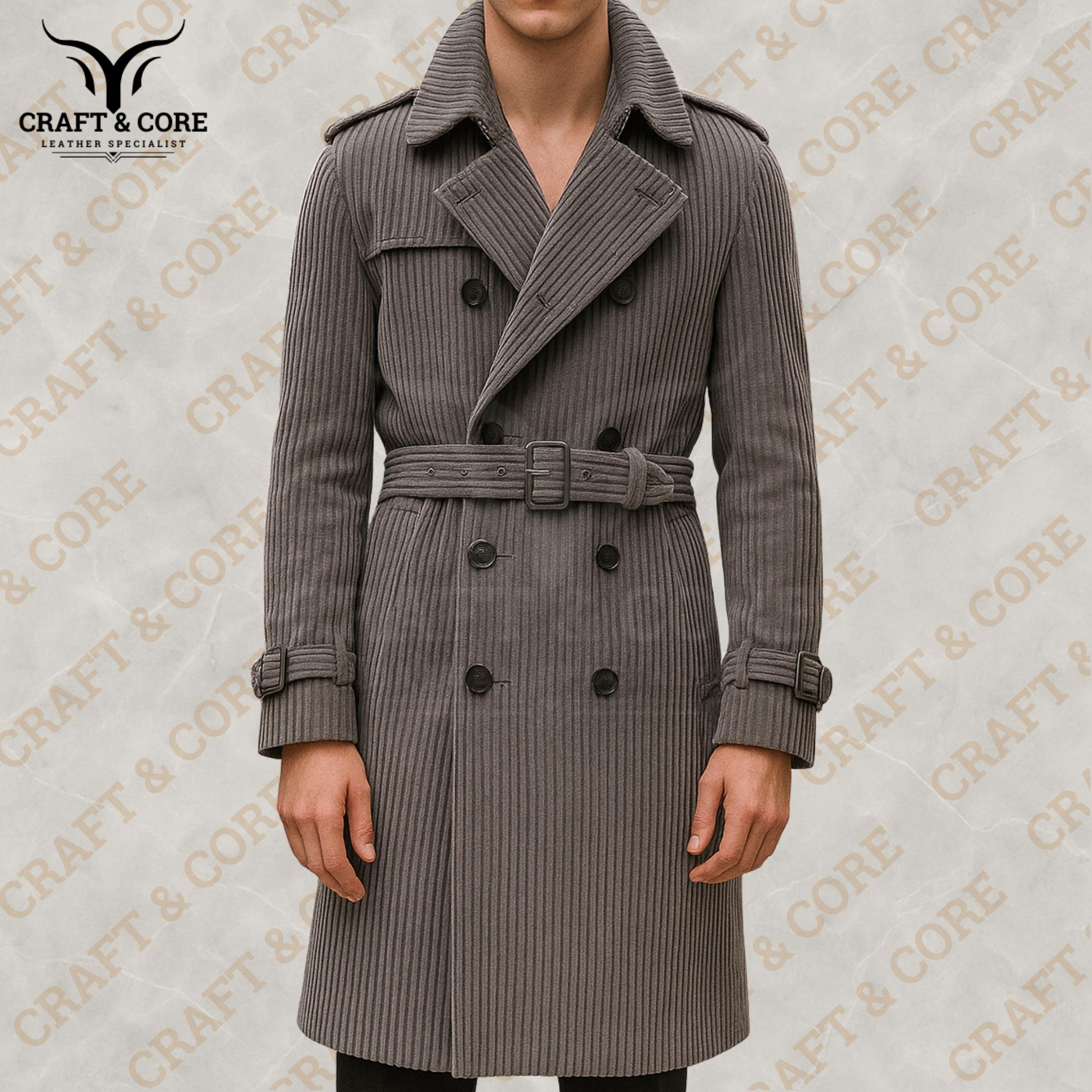 Men's Green Belted Corduroy Coat | Classic Lapel Collar Jacket